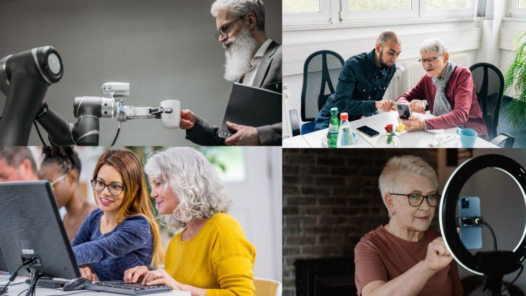 Collage mit Bildern von Senioren mit digitalen Geräten
