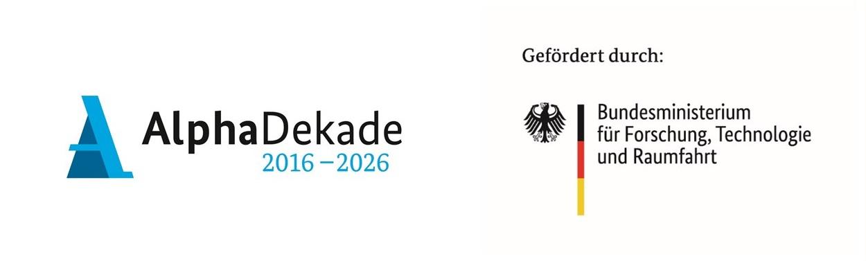 Logo der AlphaDekade 2016–2026 mit großem stilisiertem blauen A und Logo des Bundesministeriums für Forschung, Technologie und Raumfahrt mit Bundesadler und Deutschlandfarben