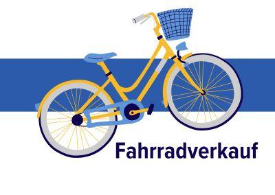 Illustration eines gelben Damenfahrrads mit blauem Korb vor einem blauen Streifen, darunter der Schriftzug "Fahrradverkauf"
