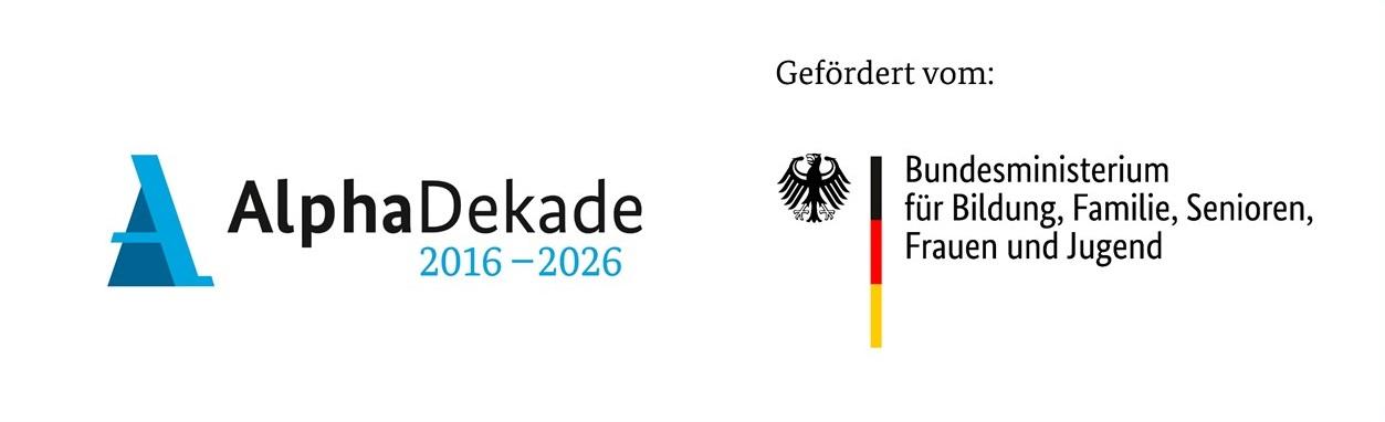 Logoleiste der Alpha Dekade 2016-2026 und des Bundesministerium für Bildung, Familie, Senioren, Frauen und Jugend