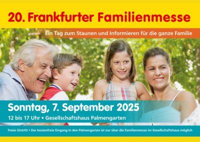 Werbeplakat zur 20. Frankfurter Familienmesse mit fröhlich lachendem Großvater, Kind, Mutter und Großmutter sowie Veranstaltungsdaten.