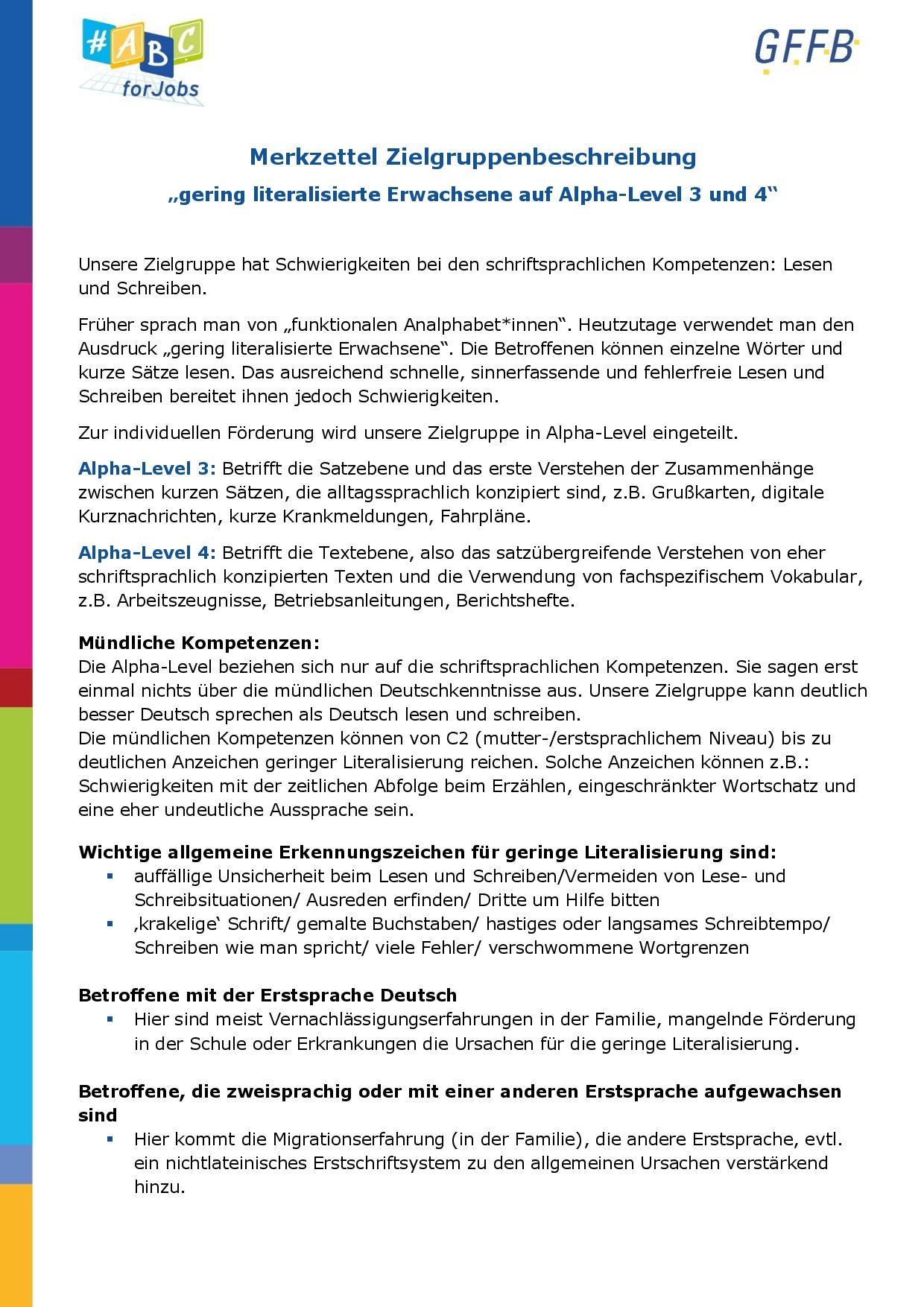 Ein Informationsblatt des Projekts #ABCforJobs mit dem Titel „Merkzettel Zielgruppenbeschreibung – gering literalisierte Erwachsene auf Alpha-Level 3 und 4“. Es beschreibt Merkmale, Kompetenzen und Erkennungszeichen dieser Zielgruppe.