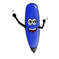 Illustration eines blauen Stiftes mit lachendem Gesicht. Der Stift hat große, freundliche Augen, einen offenen Mund mit roten Lippen und wirkt wie eine Comicfigur.