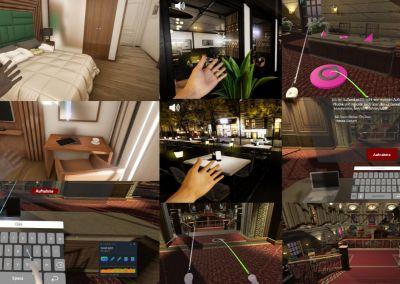 Eine Collage aus mehreren Screenshots zeigt unterschiedliche VR-Szenen: Hotelzimmer, Restaurant, Tastaturen, Hände mit Controller sowie eine Hotellobby.