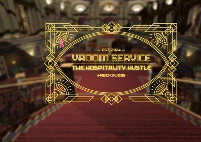 Goldfarbene Art-déco-Rahmung mit der Aufschrift „VRoom Service – The Hospitality Hustle – #ABCforJobs“ vor dem Hintergrund einer prunkvollen Hotellobby.