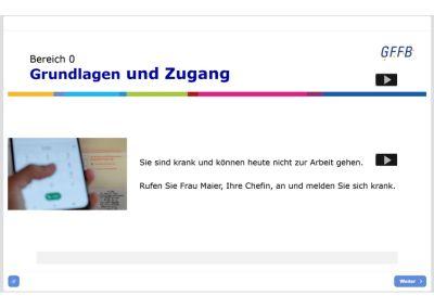 Aufgabe aus dem Bereich „Grundlagen und Zugang“. Eine Person soll sich telefonisch krankmelden, dazu wird ein Smartphone-Bild gezeigt.
