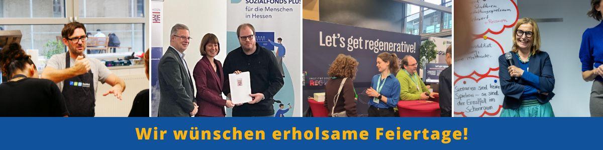 Breites Banner mit mehreren Fotos aus Veranstaltungen und Projekten: Menschen im Gespräch, bei Präsentationen und an Infoständen. In der Mitte verläuft ein blauer Balken mit gelber Schrift: „Wir wünschen erholsame Feiertage!“.