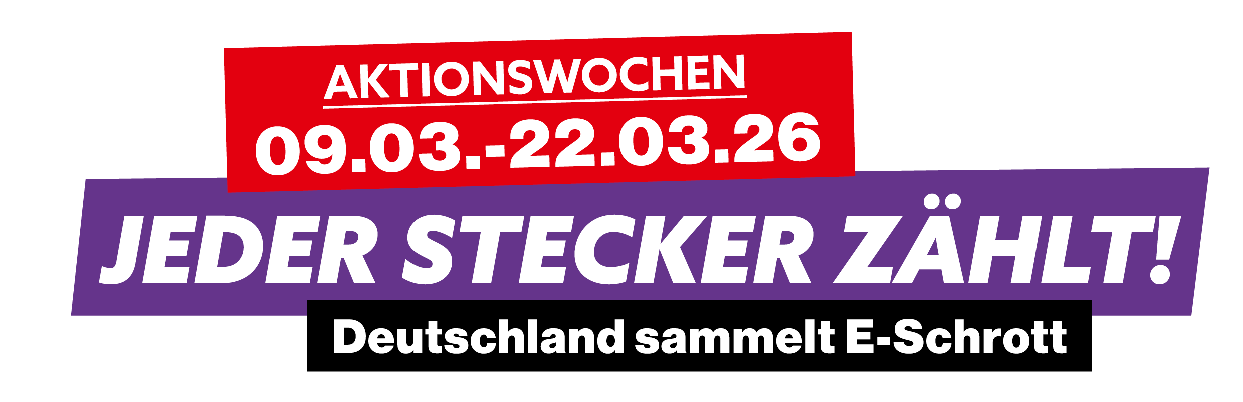 Aktion „Jeder Stecker zählt!“ – E-Schrott sammeln Grafik mit dem Slogan „Jeder Stecker zählt!“ zur Aktion „Deutschland sammelt E-Schrott“ mit Zeitraum 09.03.–02.03.26 und stilisiertem Stromstecker-Symbol.