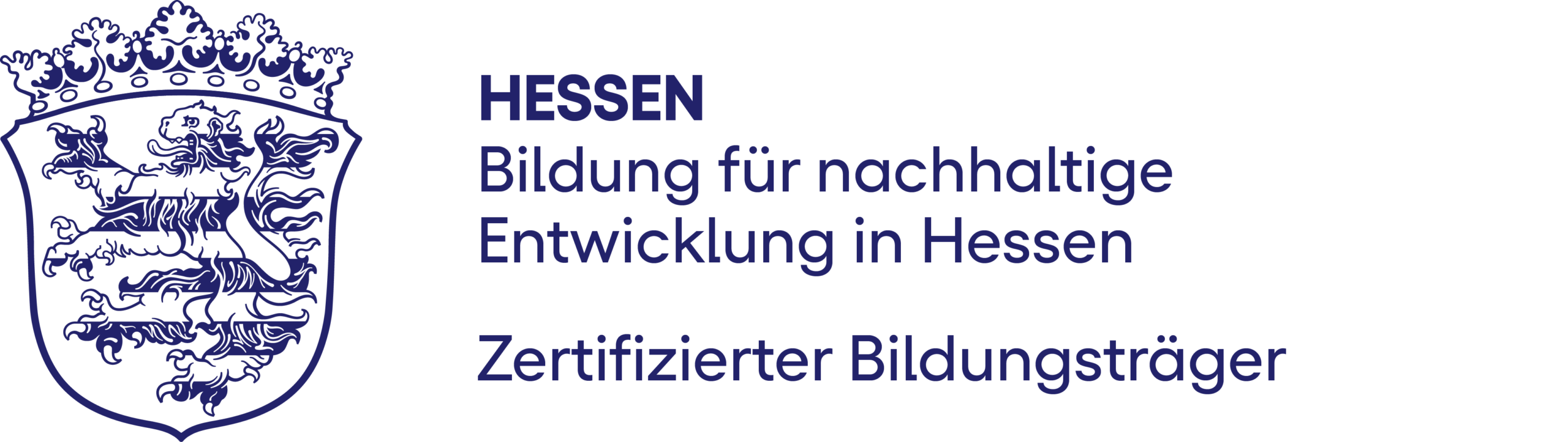 Logo „Bildung für nachhaltige Entwicklung in Hessen – Zertifizierter Bildungsträger“ mit farbigem Kreissymbol und dem Hessen-Wappen.